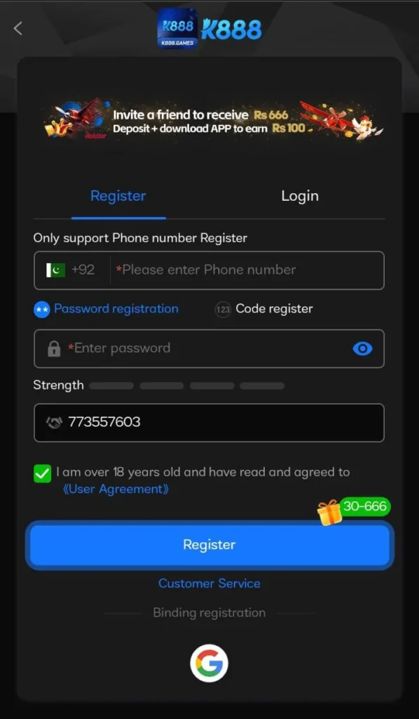 K 888 Game register